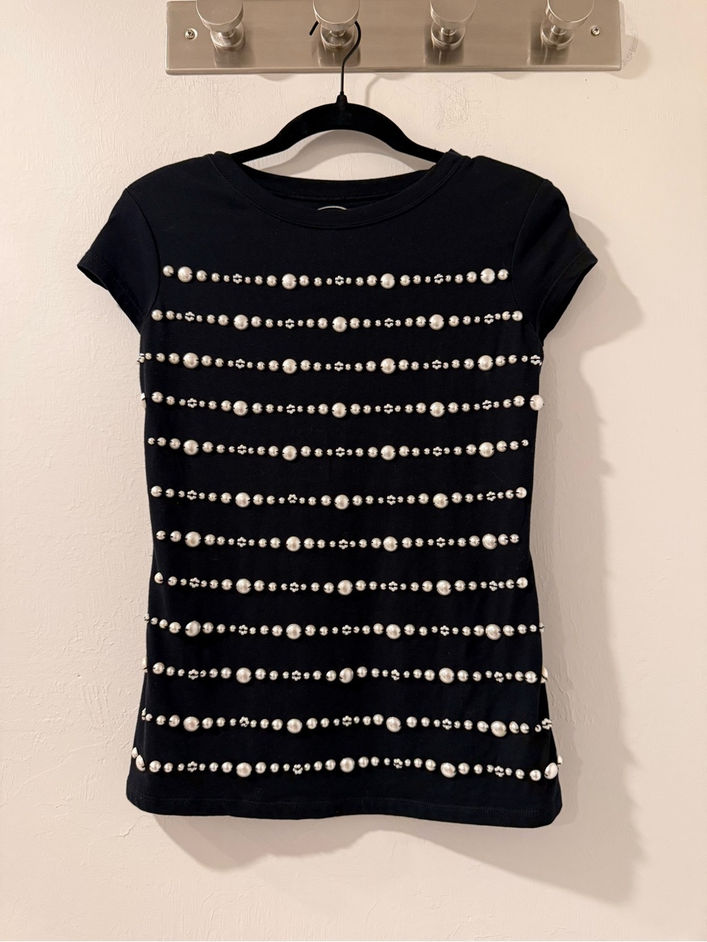 INC International Concepts S Black Pearl Rhinestone Embellished T Shirt Top